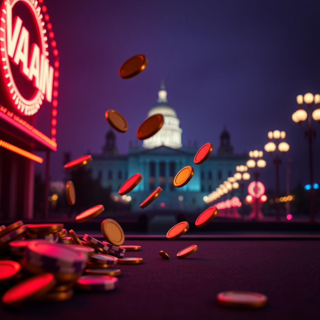 Vulkan Vegas casino aesthetic with iconic red and blue neon lighting, golden coins and poker chips flying in front of the Warsaw Palace of Culture and Science at night, cinematic atmosphere, 8k resolution, photorealistic --ar 16:9